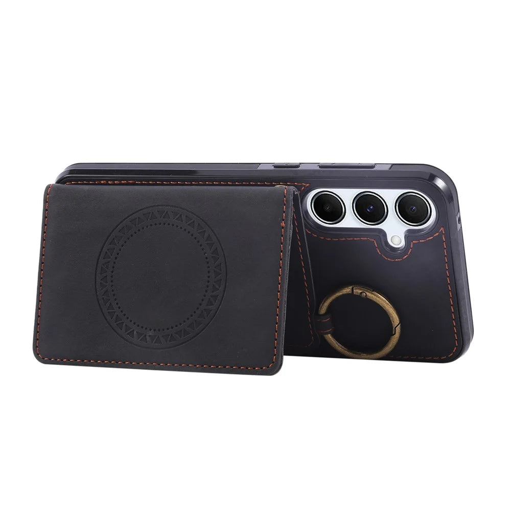 For Samsung Galaxy S24 FE Case Card Holder Kickstand Leather + TPU Phone Cover with Ring Holder - Black - 3