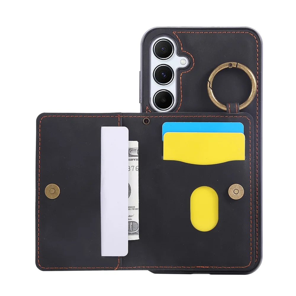 For Samsung Galaxy S24 FE Case Card Holder Kickstand Leather + TPU Phone Cover with Ring Holder - Black - 4