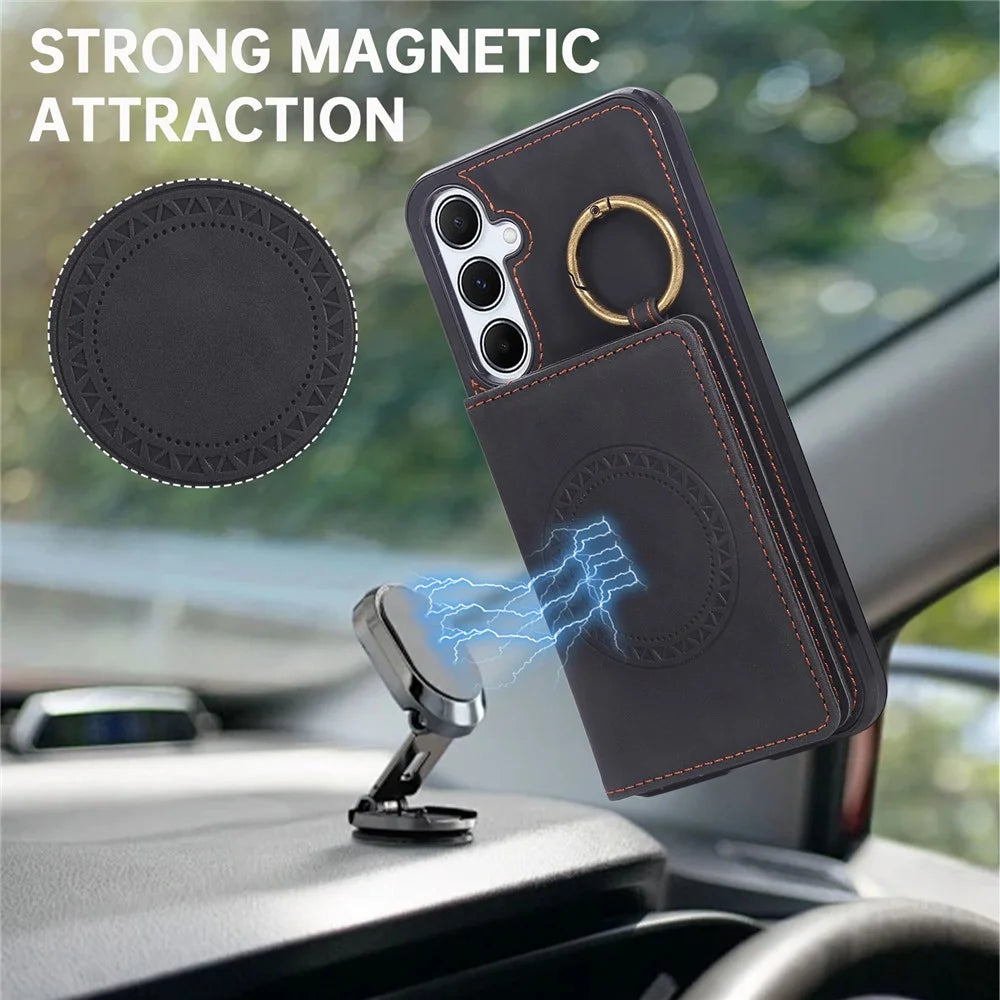For Samsung Galaxy S24 FE Case Card Holder Kickstand Leather + TPU Phone Cover with Ring Holder - Black - 5