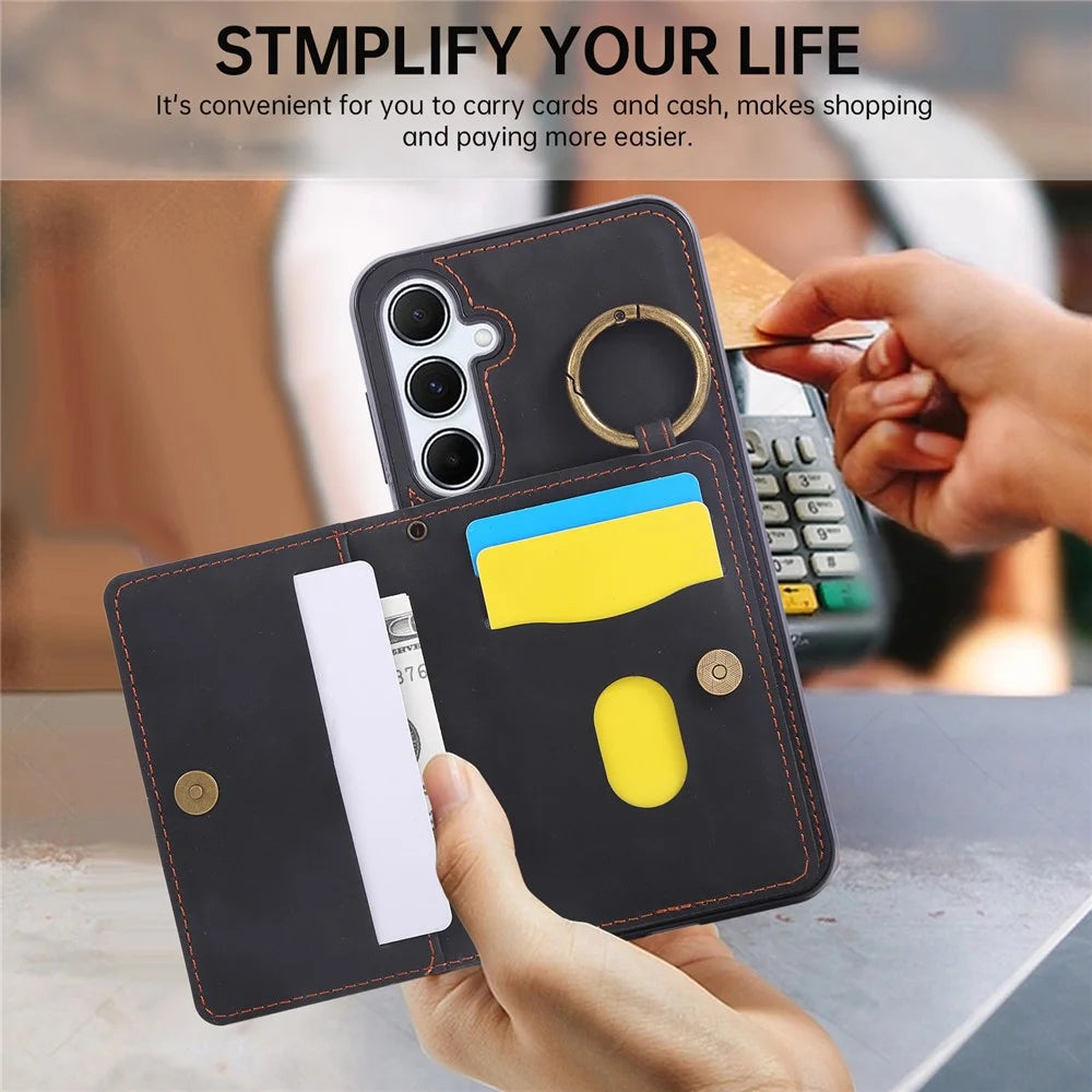 For Samsung Galaxy S24 FE Case Card Holder Kickstand Leather + TPU Phone Cover with Ring Holder - Black - 6