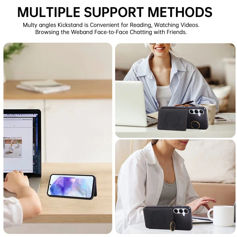 For Samsung Galaxy S24 FE Case Card Holder Kickstand Leather + TPU Phone Cover with Ring Holder - Black - 7