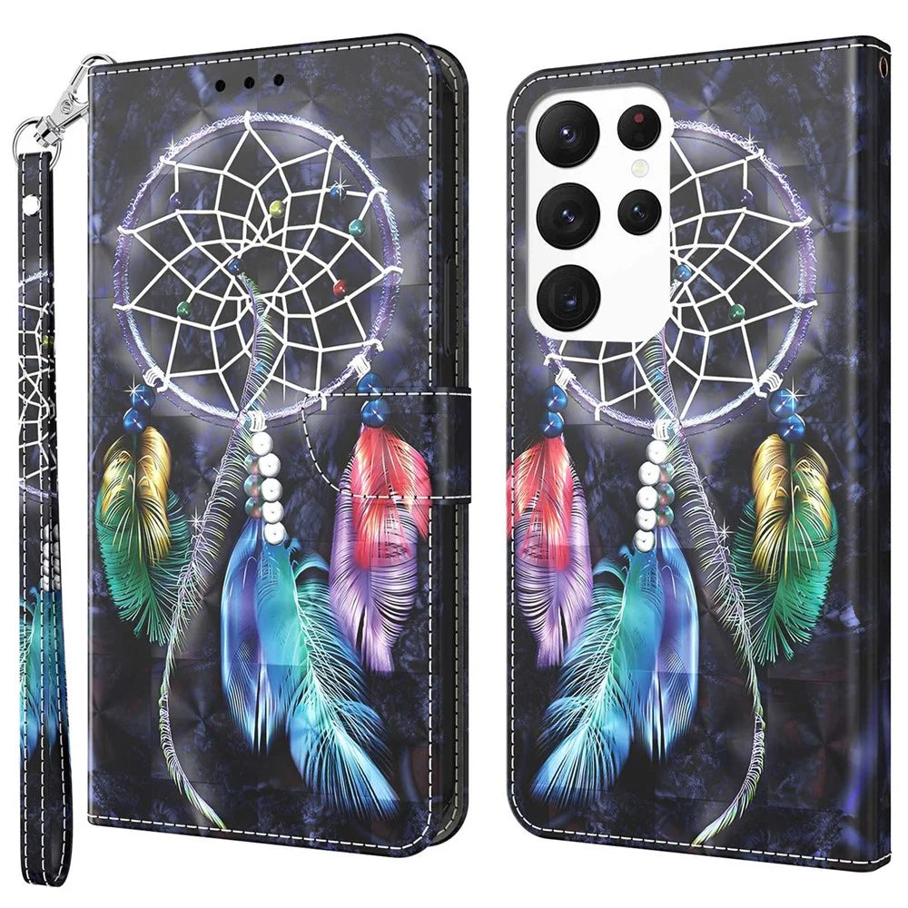 For Samsung Galaxy S23 Ultra PU Leather Wallet Case 3D Pattern Printing Shockproof Phone Stand Cover with Wrist Strap - Dream Catcher - 1