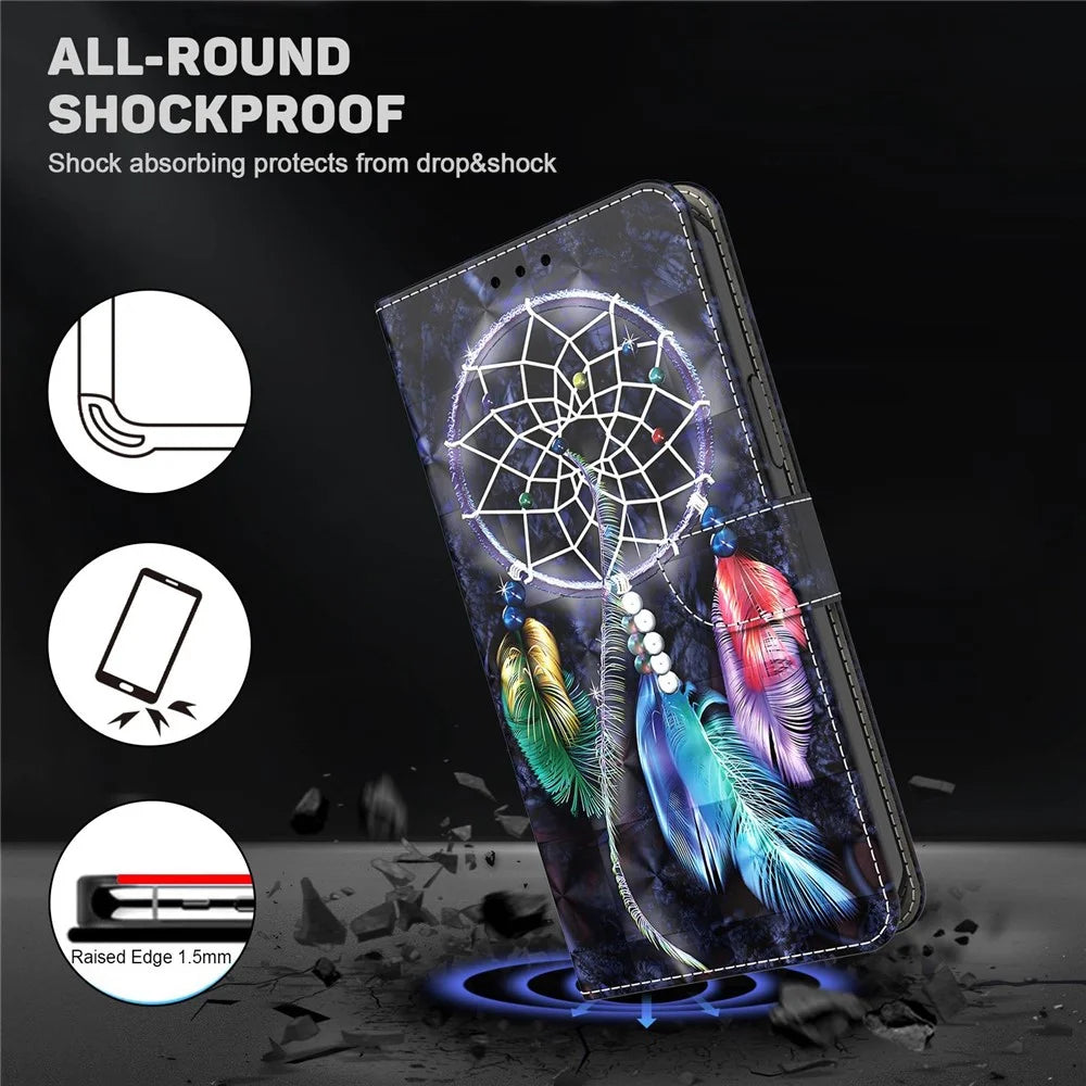 For Samsung Galaxy S23 Ultra PU Leather Wallet Case 3D Pattern Printing Shockproof Phone Stand Cover with Wrist Strap - Dream Catcher - 4