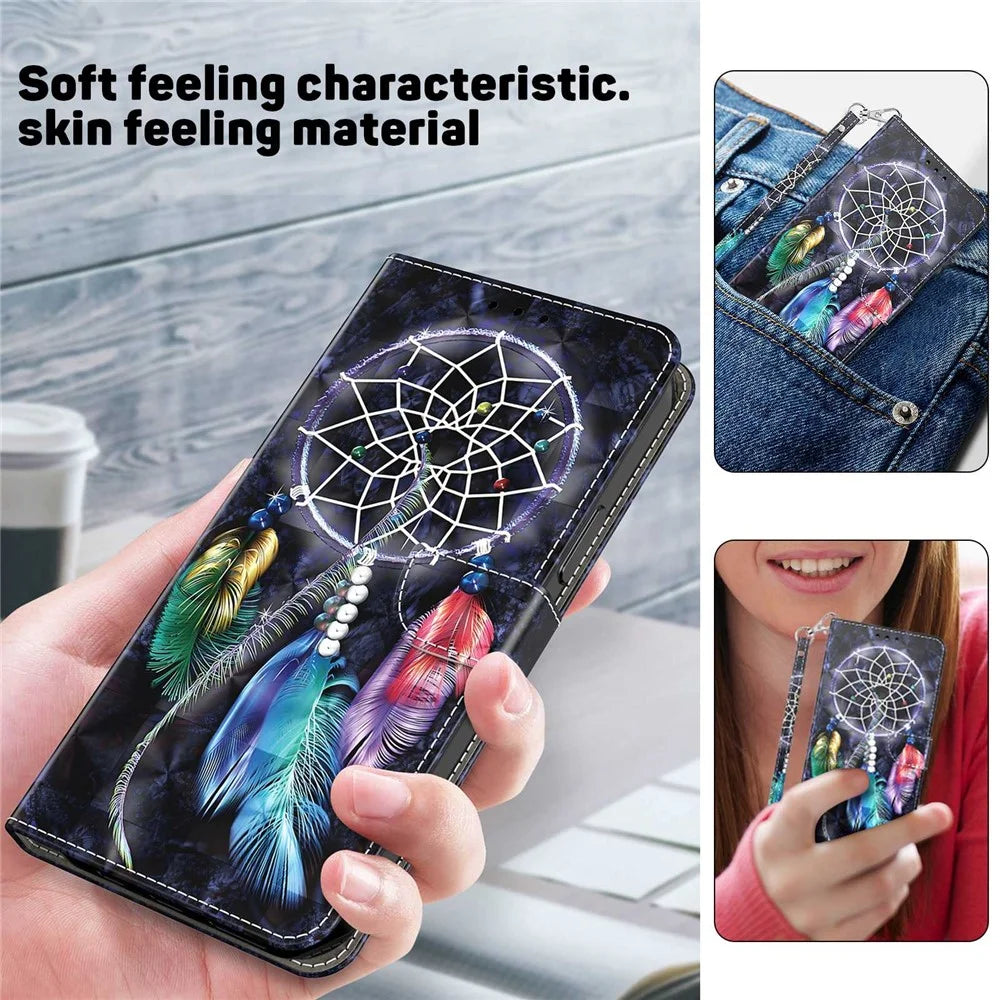 For Samsung Galaxy S23 Ultra PU Leather Wallet Case 3D Pattern Printing Shockproof Phone Stand Cover with Wrist Strap - Dream Catcher - 5