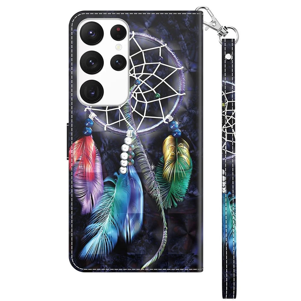 For Samsung Galaxy S23 Ultra PU Leather Wallet Case 3D Pattern Printing Shockproof Phone Stand Cover with Wrist Strap - Dream Catcher - 7