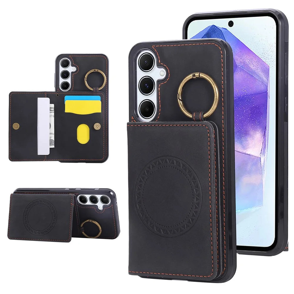 For Samsung Galaxy S25+ / S24+ Case Card Holder Kickstand Leather + TPU Phone Cover with Ring Holder - Black - 1