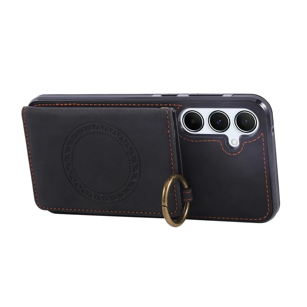 For Samsung Galaxy S25+ / S24+ Case Card Holder Kickstand Leather + TPU Phone Cover with Ring Holder - Black - 4