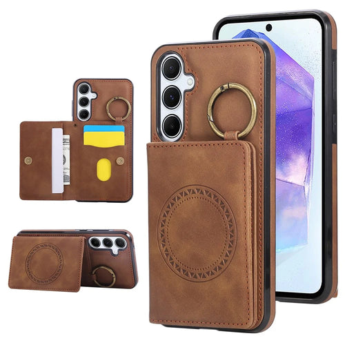 For Samsung Galaxy S25 / S24 Case Card Holder Kickstand Leather + TPU Phone Cover with Ring Holder - Brown - 1