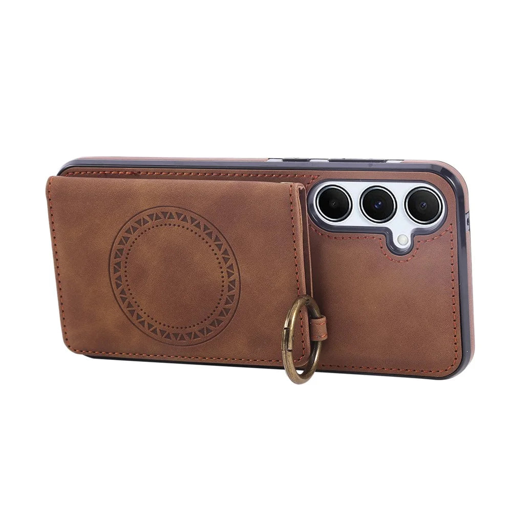 For Samsung Galaxy S25 / S24 Case Card Holder Kickstand Leather + TPU Phone Cover with Ring Holder - Brown - 4