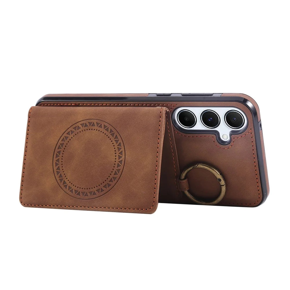 For Samsung Galaxy S25 / S24 Case Card Holder Kickstand Leather + TPU Phone Cover with Ring Holder - Brown - 5