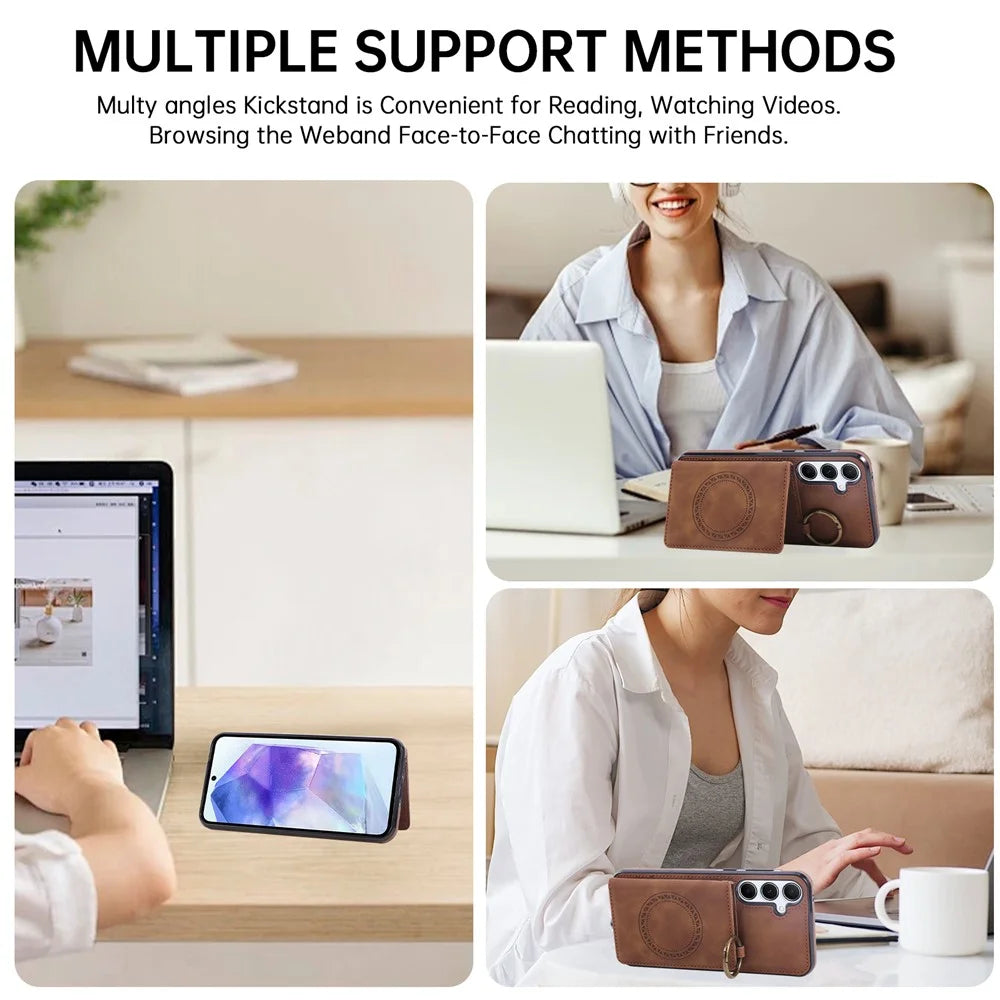 For Samsung Galaxy S25 / S24 Case Card Holder Kickstand Leather + TPU Phone Cover with Ring Holder - Brown - 6