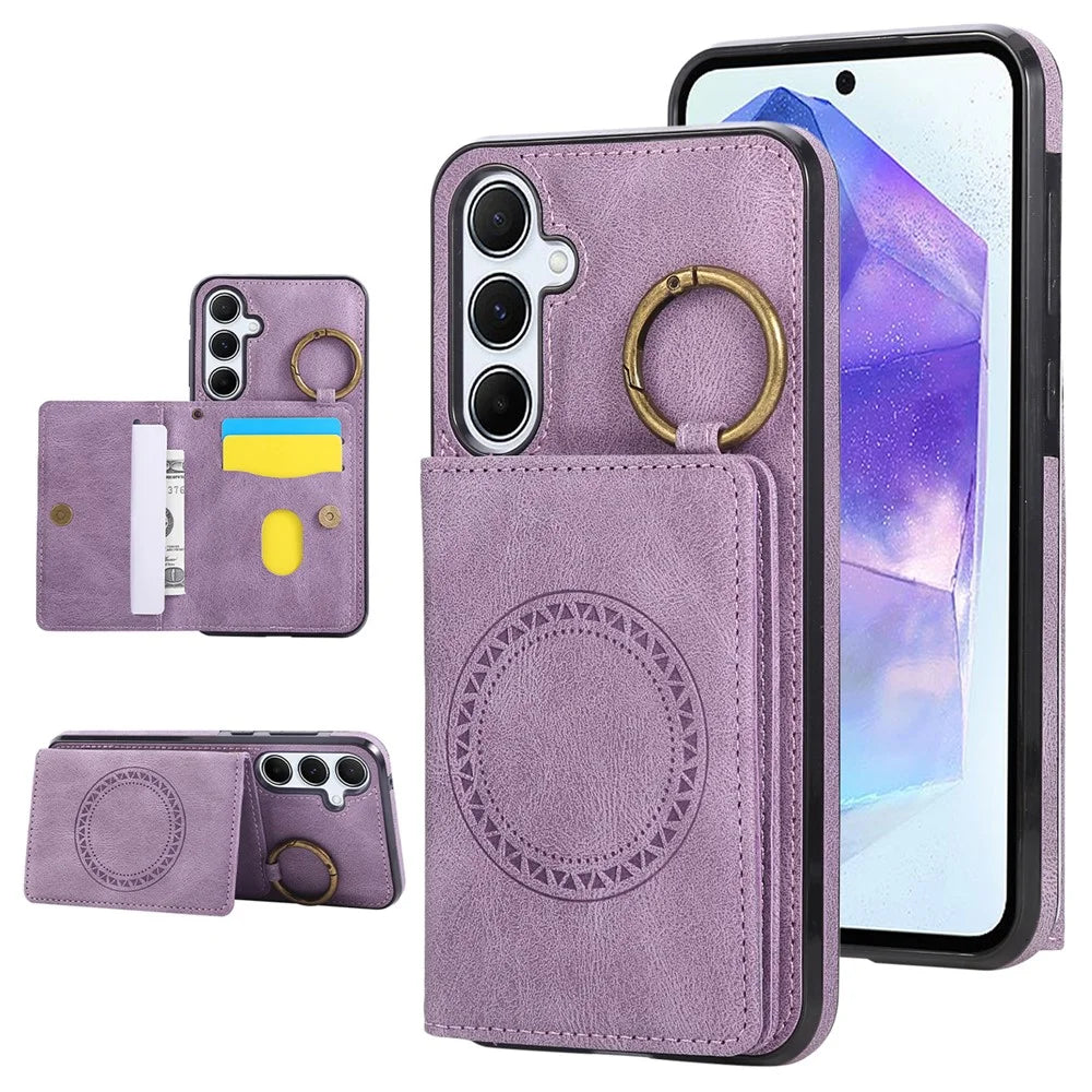 For Samsung Galaxy A56 5G Case Card Holder Kickstand Leather + TPU Phone Cover with Ring Holder - Purple - 1