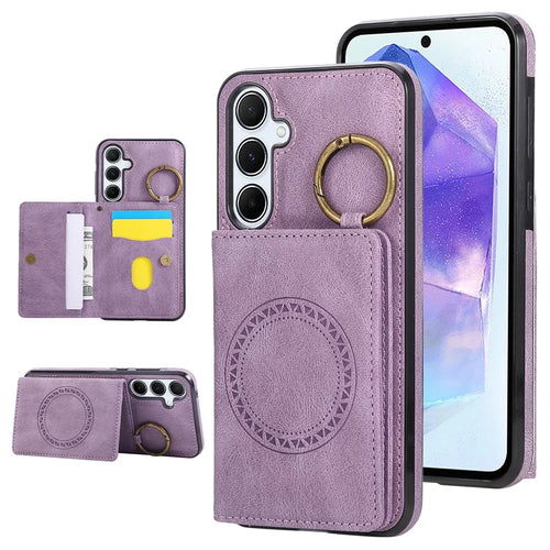 For Samsung Galaxy A56 5G Case Card Holder Kickstand Leather + TPU Phone Cover with Ring Holder - Purple - 1
