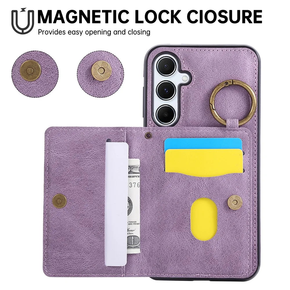 For Samsung Galaxy A56 5G Case Card Holder Kickstand Leather + TPU Phone Cover with Ring Holder - Purple - 2