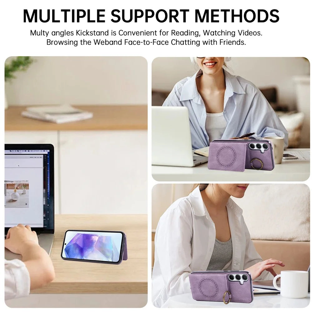 For Samsung Galaxy A56 5G Case Card Holder Kickstand Leather + TPU Phone Cover with Ring Holder - Purple - 6