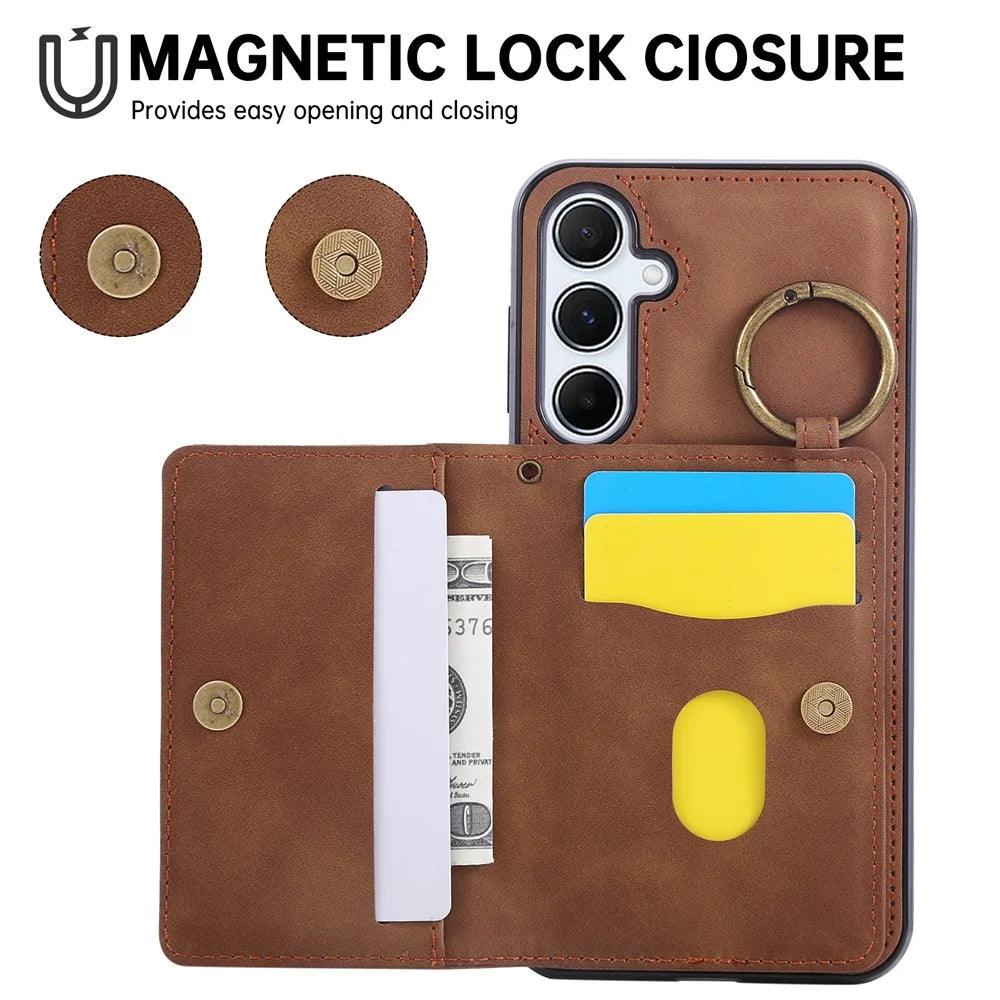 For Samsung Galaxy A36 5G Case Card Holder Kickstand Leather + TPU Phone Cover with Ring Holder - Brown - 2