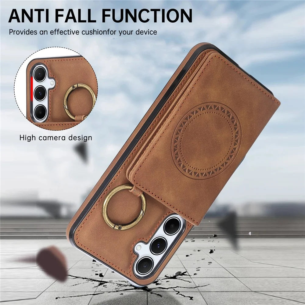 For Samsung Galaxy A36 5G Case Card Holder Kickstand Leather + TPU Phone Cover with Ring Holder - Brown - 7