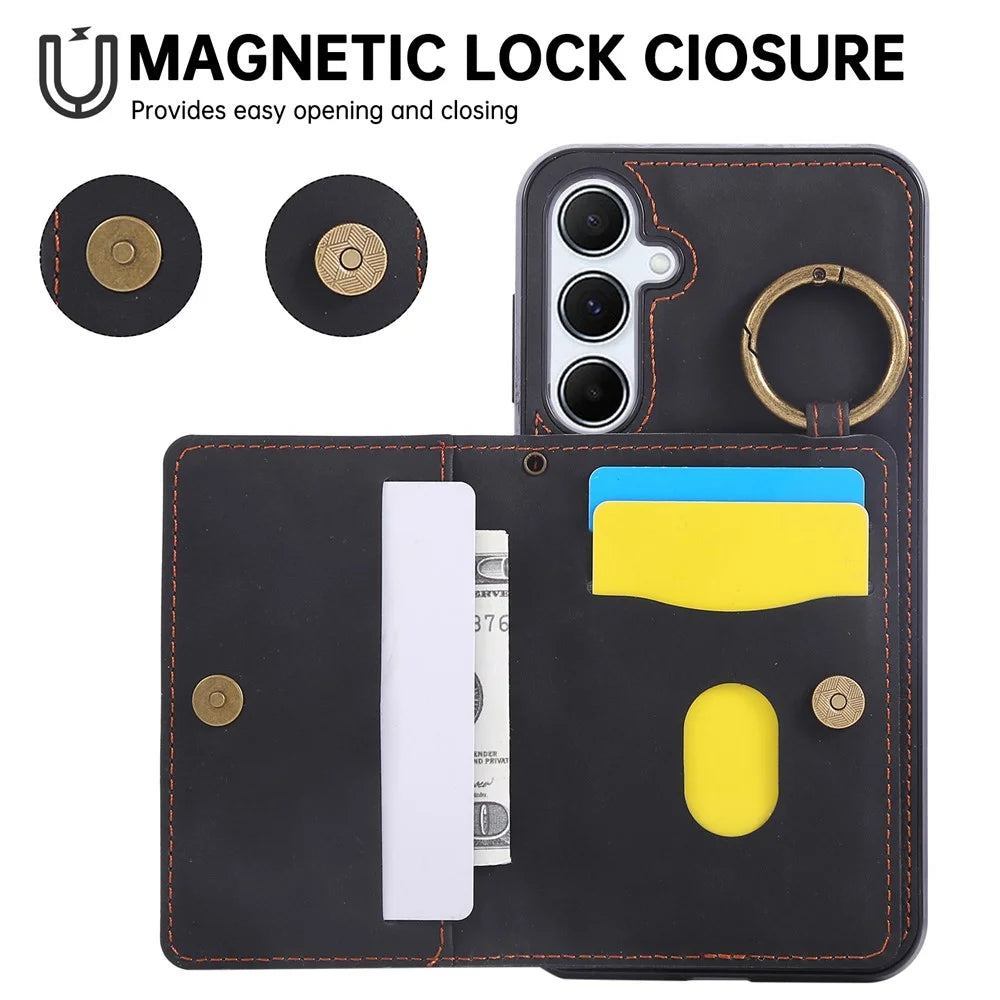 For Samsung Galaxy A18 5G / A18 4G / A17 5G / A17 4G / A26 5G Case Card Holder Kickstand Leather + TPU Phone Cover with Ring Holder - Black - 2