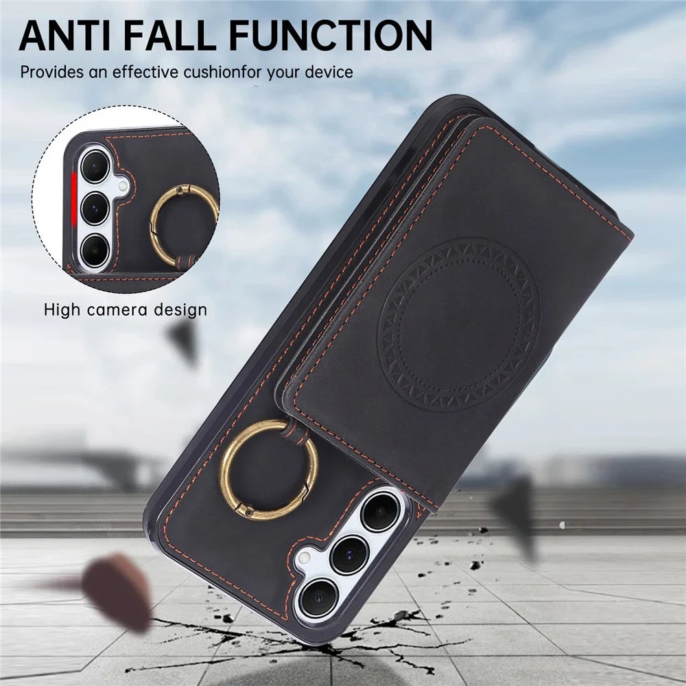 For Samsung Galaxy A18 5G / A18 4G / A17 5G / A17 4G / A26 5G Case Card Holder Kickstand Leather + TPU Phone Cover with Ring Holder - Black - 7