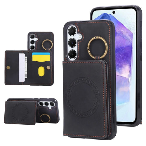 For Samsung Galaxy A16 4G / 5G Case Card Holder Kickstand Leather + TPU Phone Cover with Ring Holder - Black - 1