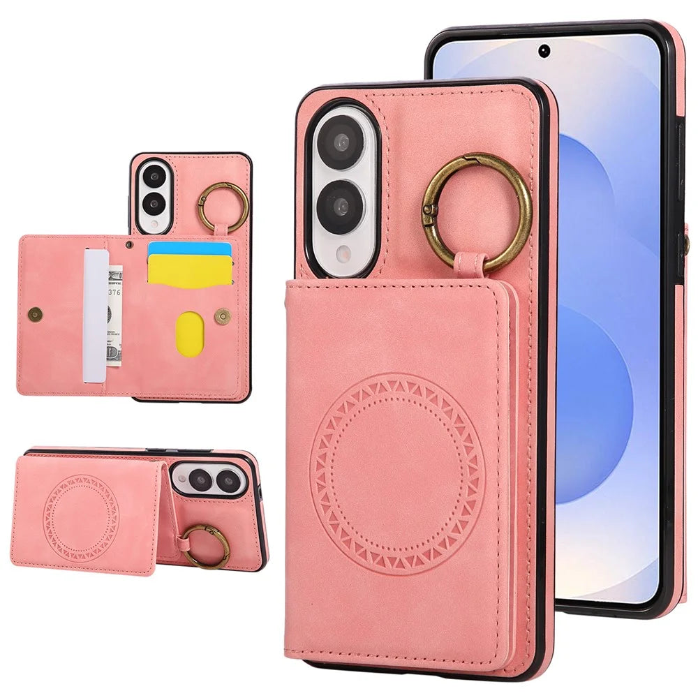 For Samsung Galaxy S25 Edge Case Card Holder Kickstand Leather + TPU Phone Cover with Ring Holder - Rose Gold - 1