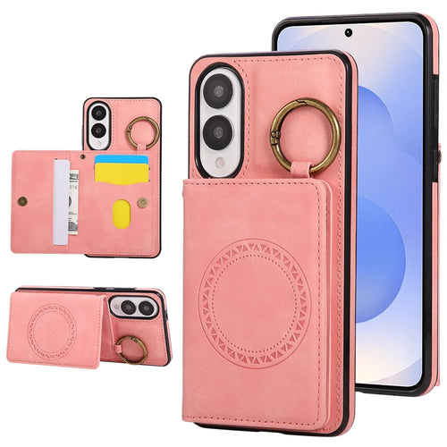 For Samsung Galaxy S25 Edge Case Card Holder Kickstand Leather + TPU Phone Cover with Ring Holder - Rose Gold - 1