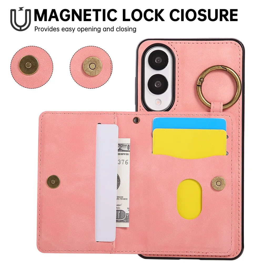 For Samsung Galaxy S25 Edge Case Card Holder Kickstand Leather + TPU Phone Cover with Ring Holder - Rose Gold - 2
