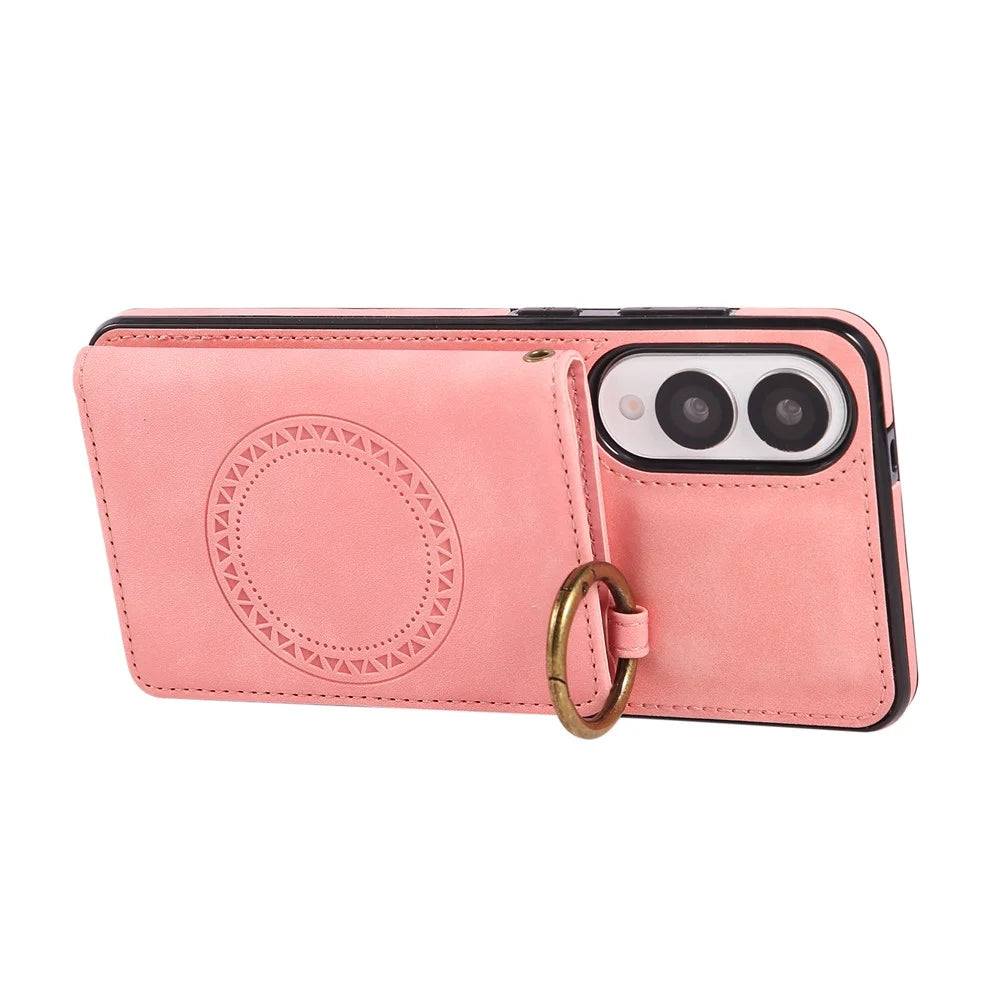 For Samsung Galaxy S25 Edge Case Card Holder Kickstand Leather + TPU Phone Cover with Ring Holder - Rose Gold - 4