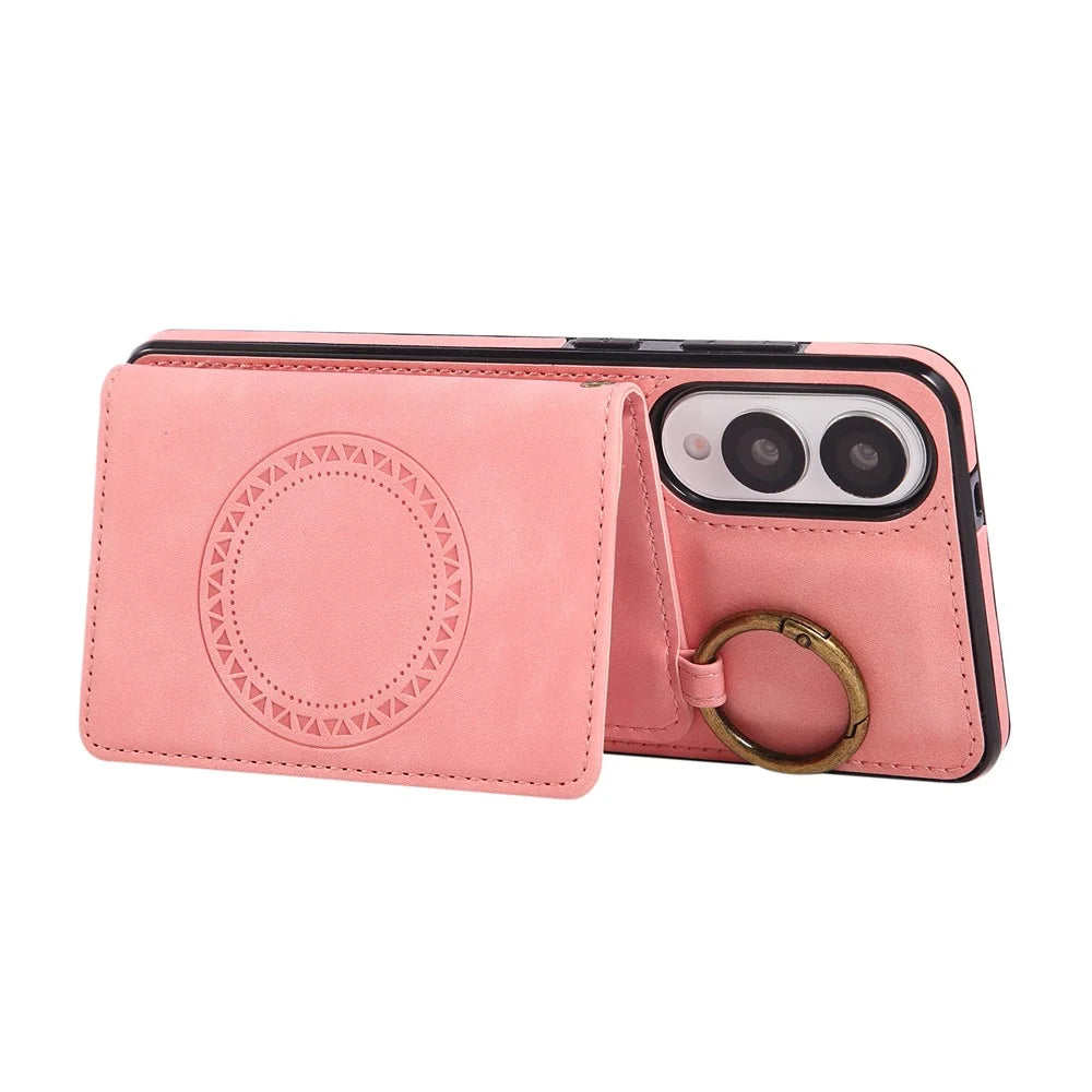 For Samsung Galaxy S25 Edge Case Card Holder Kickstand Leather + TPU Phone Cover with Ring Holder - Rose Gold - 5