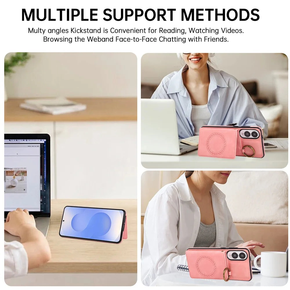 For Samsung Galaxy S25 Edge Case Card Holder Kickstand Leather + TPU Phone Cover with Ring Holder - Rose Gold - 6