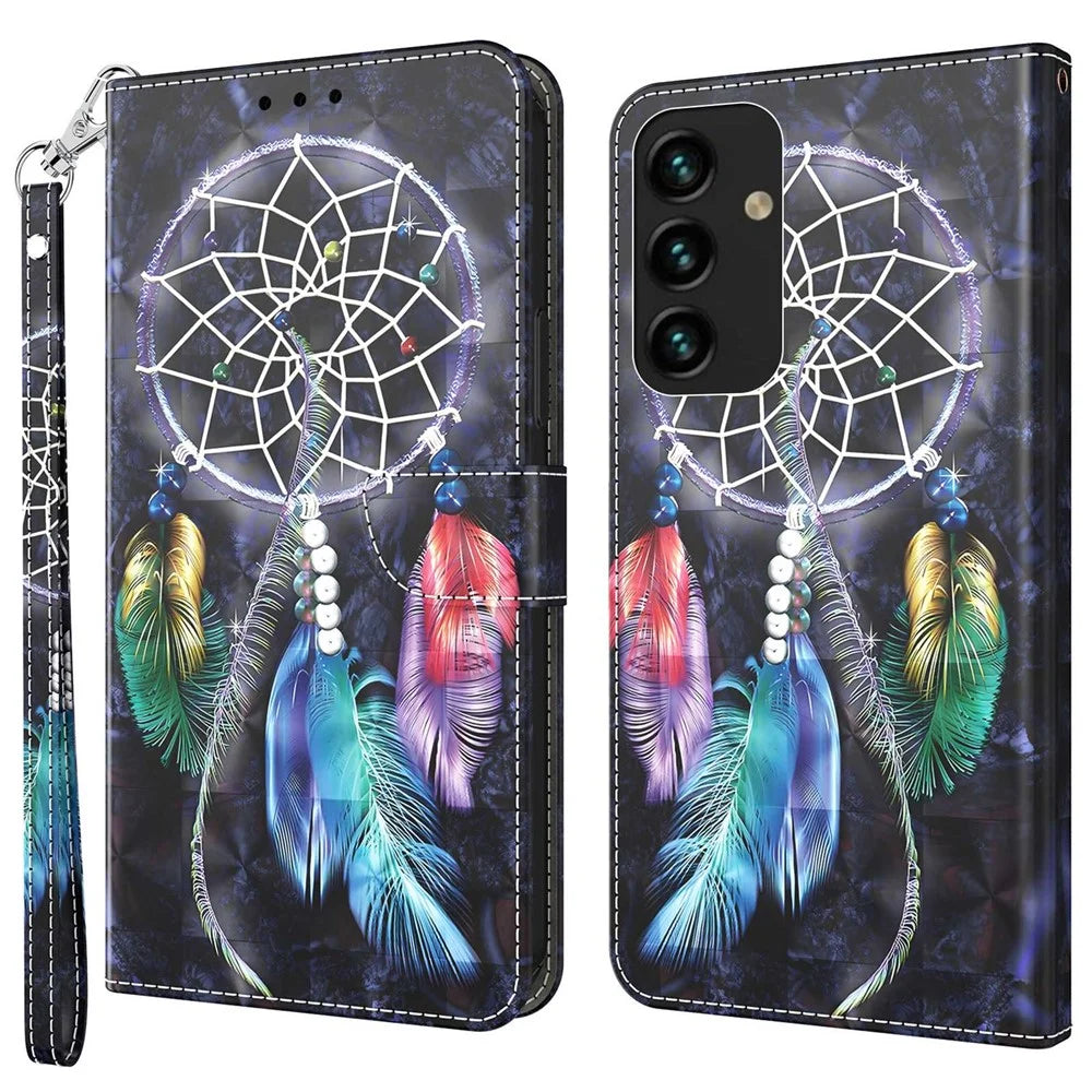 For Samsung Galaxy S23+ PU Leather 3D Pattern Printing Shockproof Case Foldable Stand Phone Wallet Cover with Wrist Strap - Dream Catcher - 1