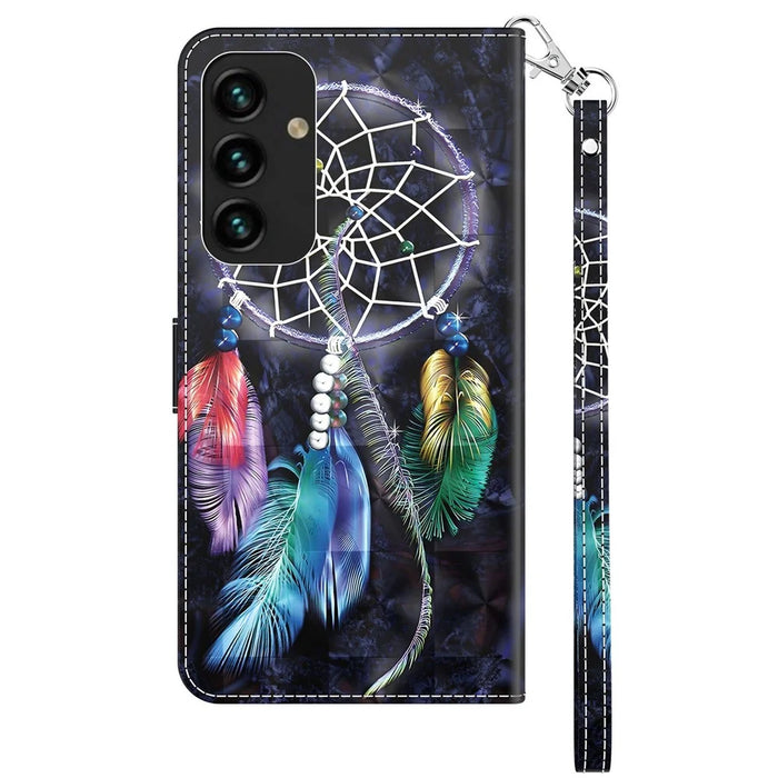For Samsung Galaxy S23+ PU Leather 3D Pattern Printing Shockproof Case Foldable Stand Phone Wallet Cover with Wrist Strap - Dream Catcher - 7