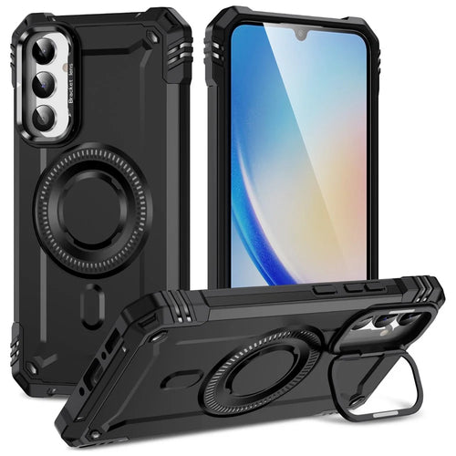 For Samsung Galaxy A26 5G Magnetic Case Metal Lens Frame Kickstand PC + TPU Mobile Cover - Black - 1