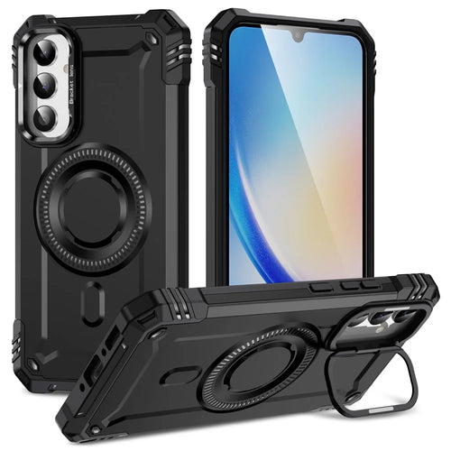 For Samsung Galaxy A55 5G Magnetic Case Metal Lens Frame Kickstand PC + TPU Mobile Cover - Black - 1