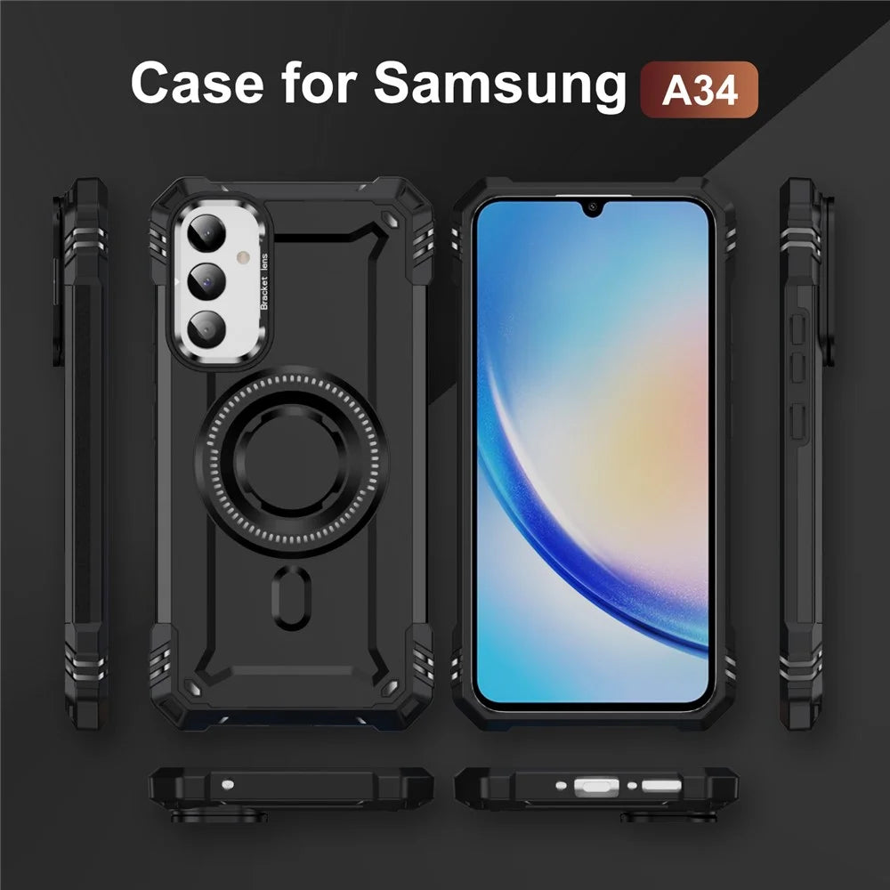 For Samsung Galaxy A36 5G Magnetic Case Metal Lens Frame Kickstand PC + TPU Mobile Cover - Black - 6
