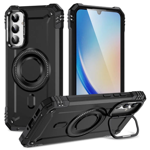 For Samsung Galaxy A56 5G Magnetic Case Metal Lens Frame Kickstand PC + TPU Mobile Cover - Black - 1