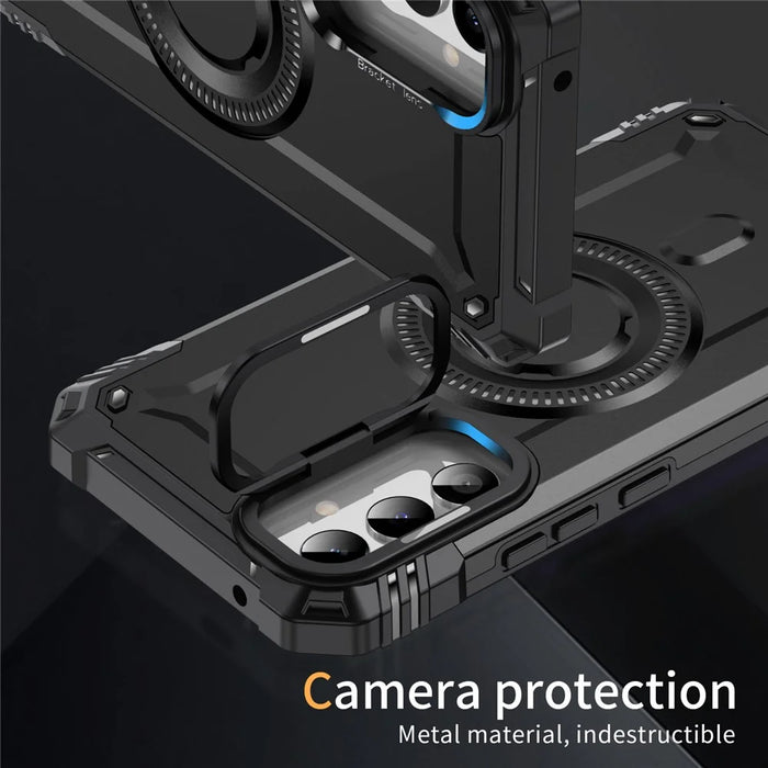 For Samsung Galaxy A56 5G Magnetic Case Metal Lens Frame Kickstand PC + TPU Mobile Cover - Black - 2