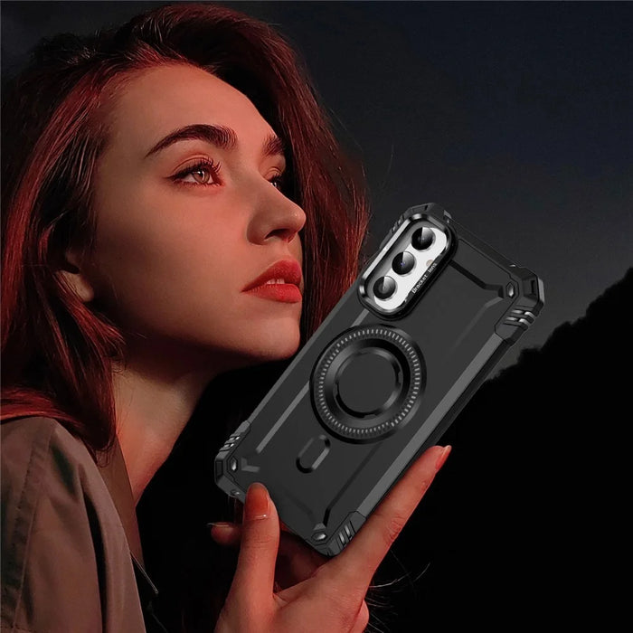 For Samsung Galaxy A56 5G Magnetic Case Metal Lens Frame Kickstand PC + TPU Mobile Cover - Black - 7
