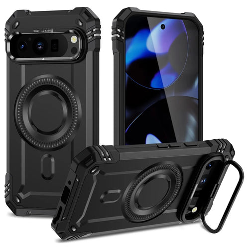 For Google Pixel 9 / 9 Pro Magnetic Case Metal Lens Frame Kickstand PC + TPU Mobile Cover - Black - 1