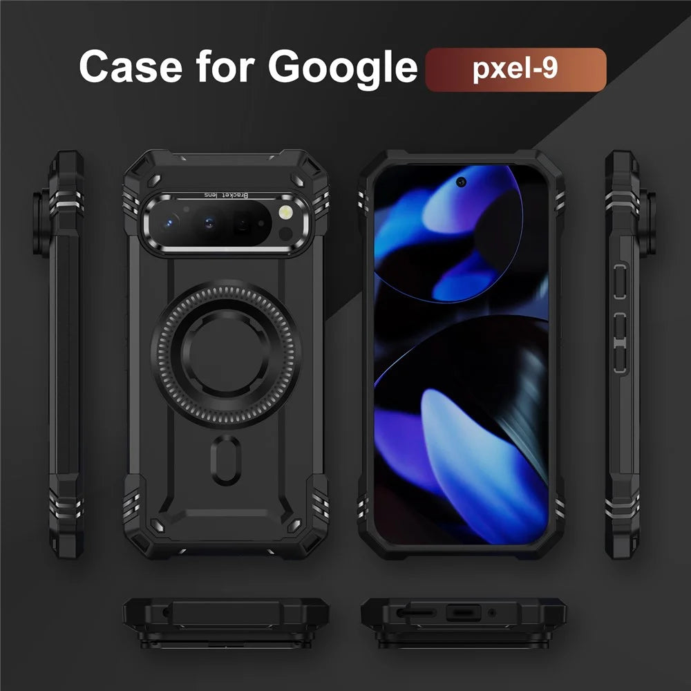 For Google Pixel 9 / 9 Pro Magnetic Case Metal Lens Frame Kickstand PC + TPU Mobile Cover - Black - 6