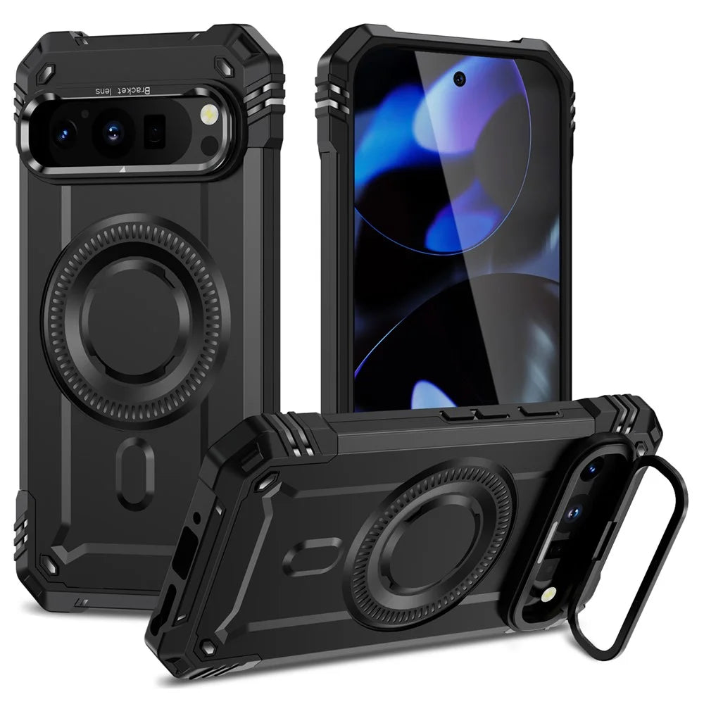 For Google Pixel 9 Pro XL Magnetic Case Metal Lens Frame Kickstand PC + TPU Mobile Cover - Black - 1