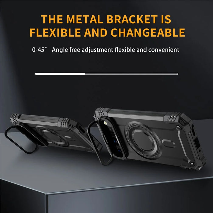 For Google Pixel 9 Pro XL Magnetic Case Metal Lens Frame Kickstand PC + TPU Mobile Cover - Black - 3