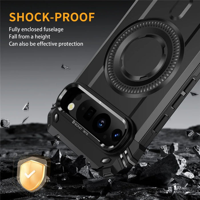 For Google Pixel 9 Pro XL Magnetic Case Metal Lens Frame Kickstand PC + TPU Mobile Cover - Black - 5