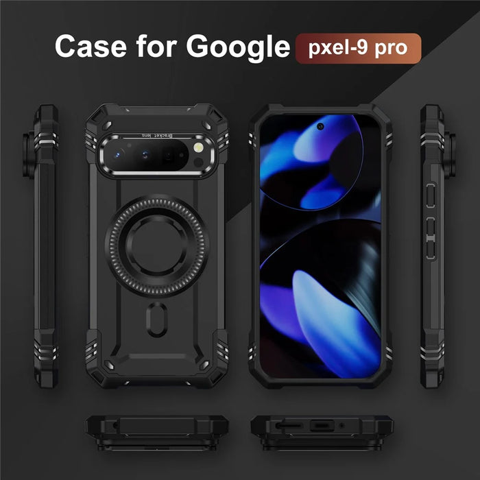 For Google Pixel 9 Pro XL Magnetic Case Metal Lens Frame Kickstand PC + TPU Mobile Cover - Black - 6