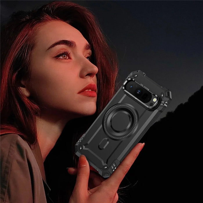 For Google Pixel 9 Pro XL Magnetic Case Metal Lens Frame Kickstand PC + TPU Mobile Cover - Black - 7