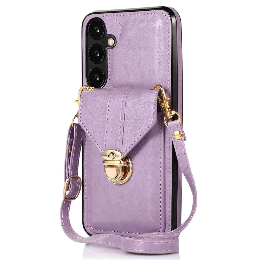 For Samsung Galaxy A16 4G / 5G Case Card Holder Kickstand PU Leather + TPU Phone Cover with Shoulder Strap - Purple - 1