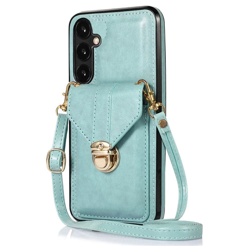 For Samsung Galaxy A26 5G Case Card Holder Kickstand PU Leather + TPU Phone Cover with Shoulder Strap - Green - 1