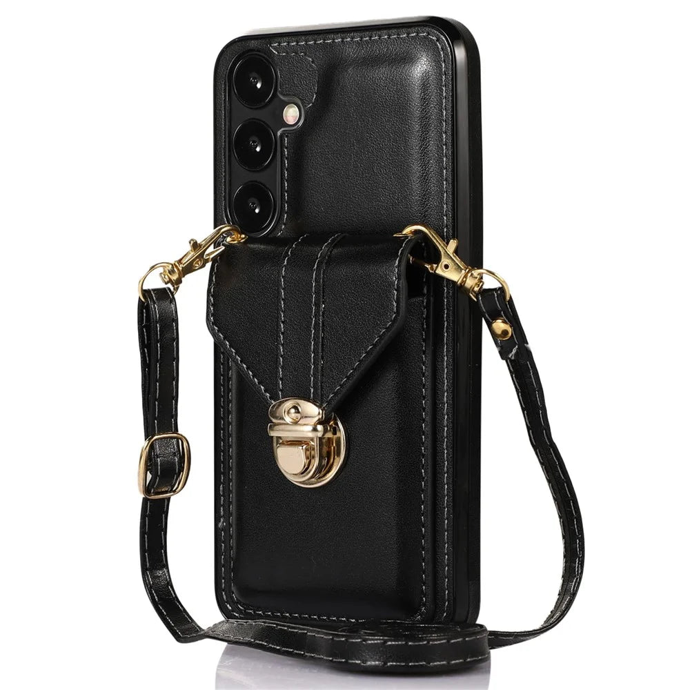 For Samsung Galaxy A36 5G Case Card Holder Kickstand PU Leather + TPU Phone Cover with Shoulder Strap - Black - 1