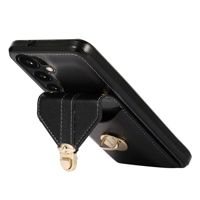 For Samsung Galaxy A36 5G Case Card Holder Kickstand PU Leather + TPU Phone Cover with Shoulder Strap - Black - 2