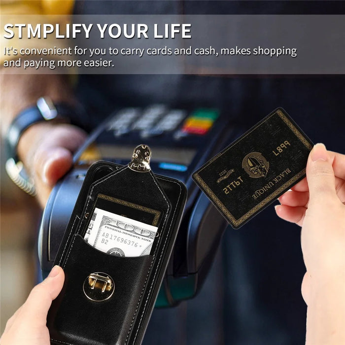 For Samsung Galaxy A36 5G Case Card Holder Kickstand PU Leather + TPU Phone Cover with Shoulder Strap - Black - 5